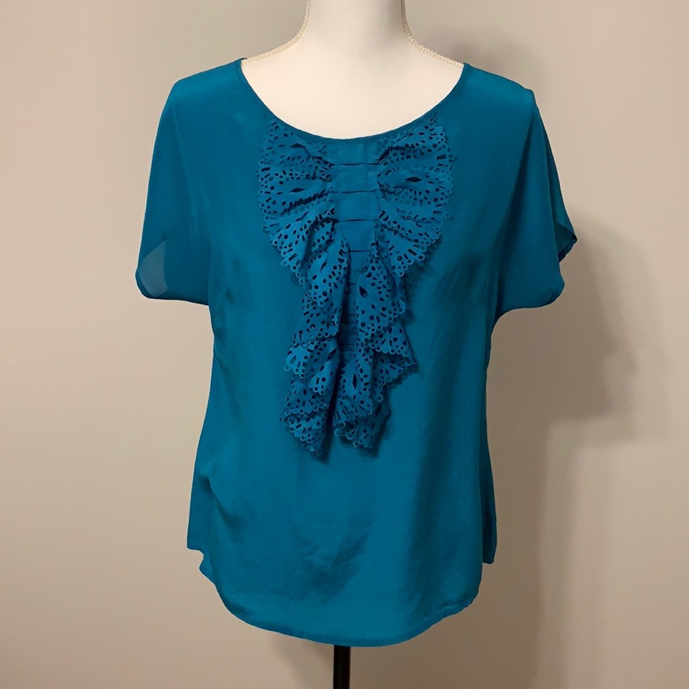 Daniel Rainn, Teal silky blouse, top with front ruffle, short sleeves.